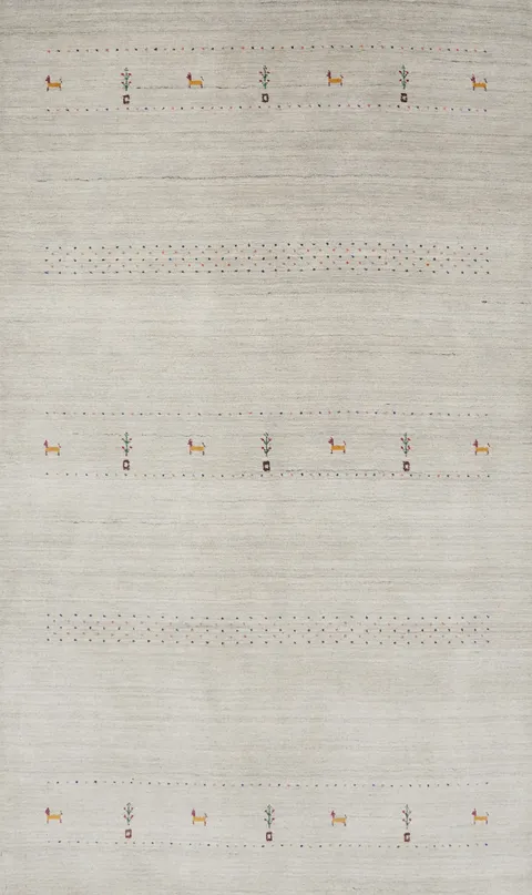 Minimalistic Gabbeh Area Rug 5x8 with Simplistic Animal Embroidery