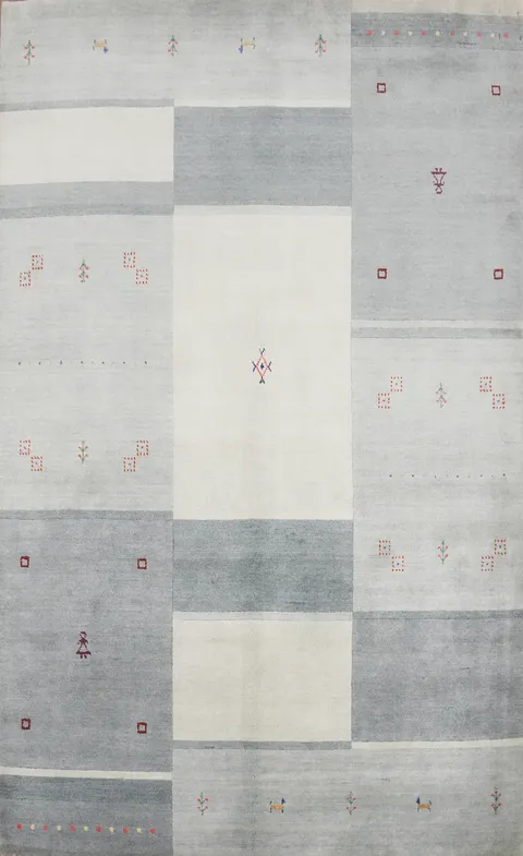 Elegant Gabbeh Area Rug 5x8 with Geometric Patterns and Soft Tones