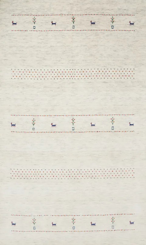 Minimalist Gabbeh Area Rug 5x8 with Embroidered Animal Motifs
