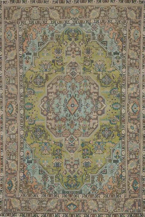 Green Geometric Wool Tabriz Persian Area Rug 6x9