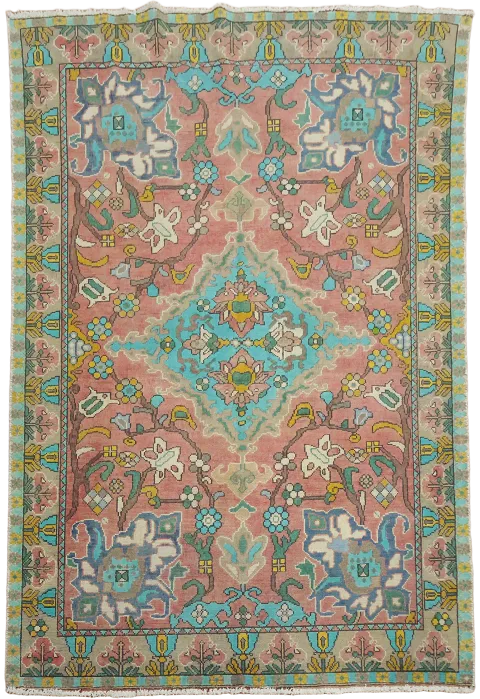 Pastel Vintage Pinkish Red and Turquoise Bakhtiari Persian Rug 5'x7'