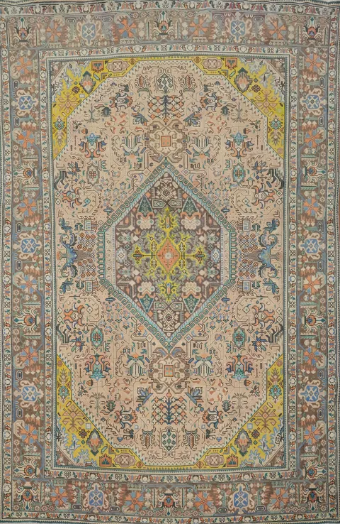 Vintage Geometric Tabriz Persian Area Rug 7x9
