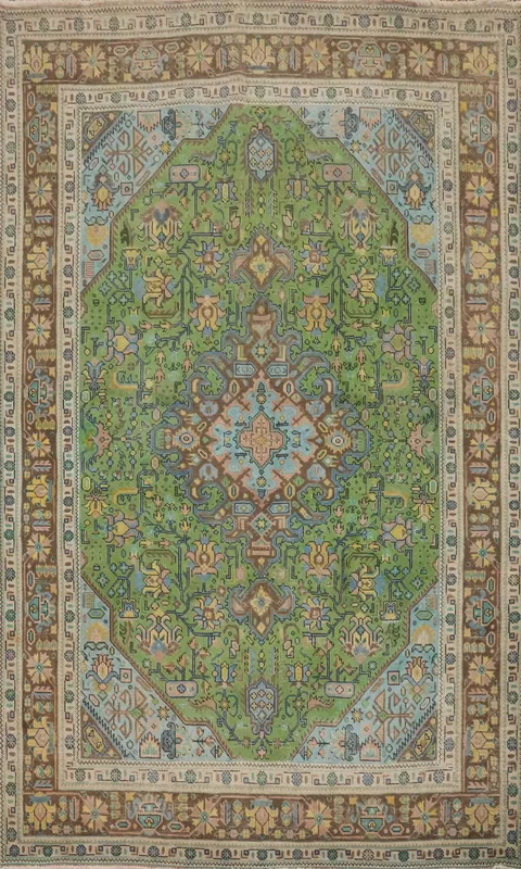 Vintage Green Wool Tabriz Persian Area Rug 6x9