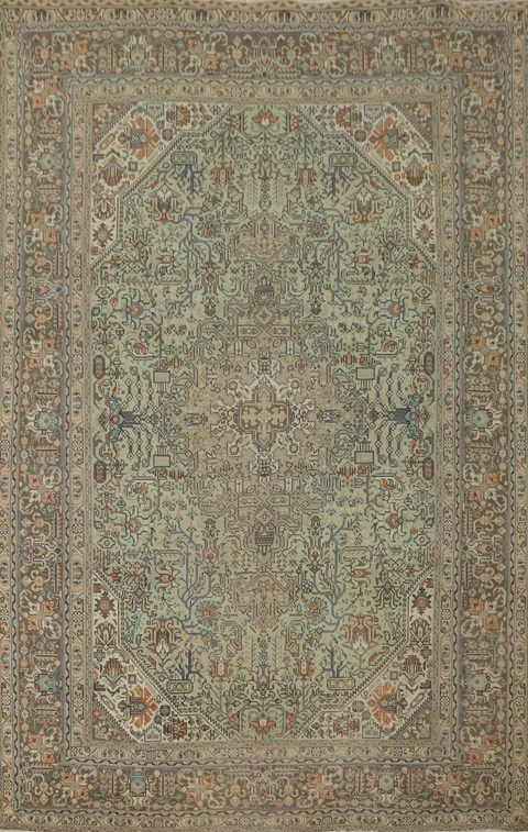 Vintage Mint Green Wool Tabriz Persian Area Rug 6x9