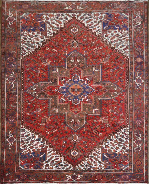 Vegetable Dye Geometric Red and Ivory Heriz Persian Area Rug 10x12