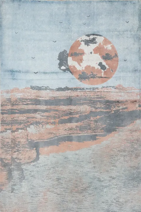 Peaceful Seascape Handmade Rug 6x7 Featuring Rising Sun Design
