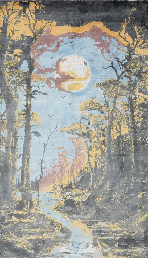 Captivating Abstract Rug 5x8 Design with a Majestic Moon and Forest at Dusk