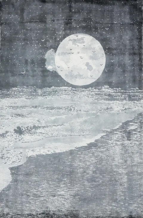 Lunar Elegance Moonlit Ocean Scene Gray Tones Rug 6x8