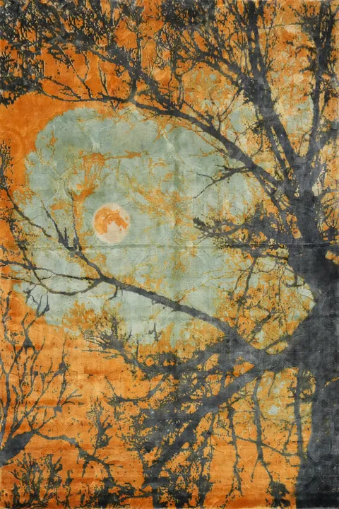Contemporary Rug 6x8 Depicting Nighttime Forest Silhouette in Orange
