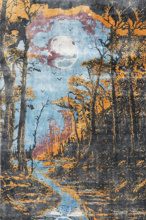 Dreamy Forest Scene with Full Moon and River Modern Area Rug 6x8