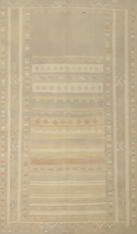 Neutral and Muted Toned Kilim Rug 7x10 with Geometric Design Elements