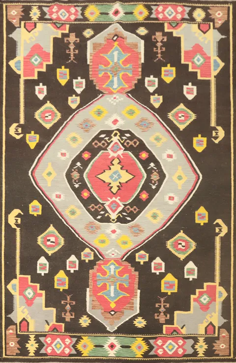 Bold Geometric Print Kilim Area Rug 7x10 in Earthy Tones and Hues