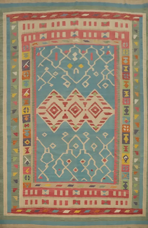 Blue Geometric Wool Kilim Vegetable Dye Area Rug 10x13