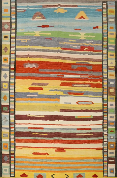 Contemporary Abstract Wool Kilim Rug with Vibrant Color Patterns 10'x13'