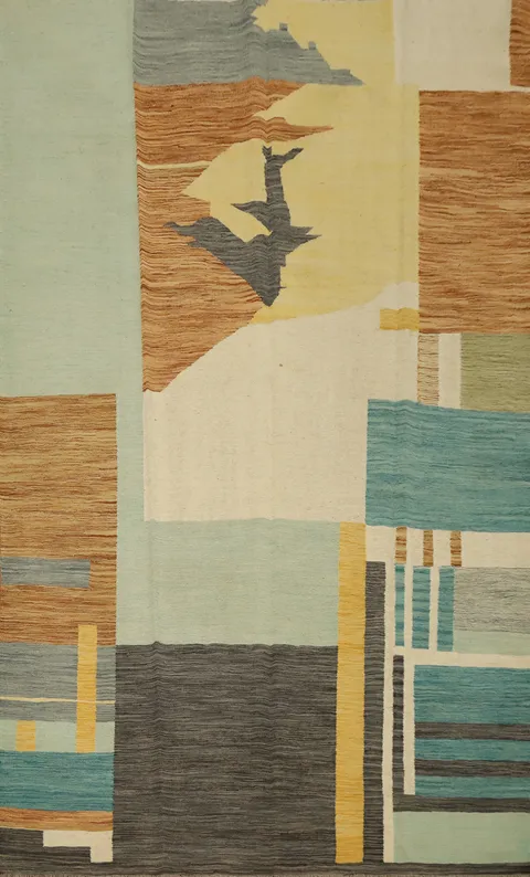 Modern Abstract Kilim Area Rug 7x10 with Earthy Tones Design