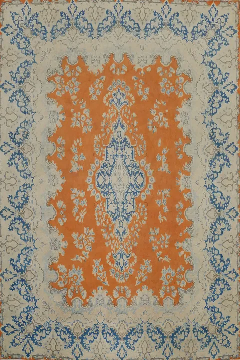 Orange Floral Wool Kerman Persian Vegetable Dye Rug 10x13