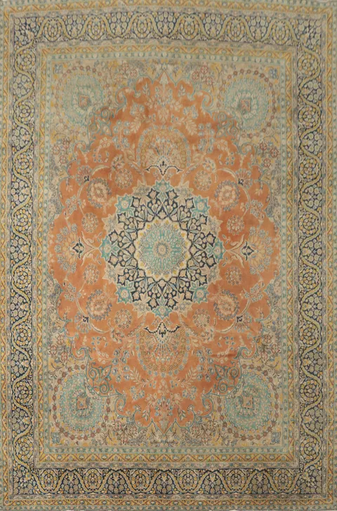 Orange Wool Floral Kerman Persian Large Rug 10x14