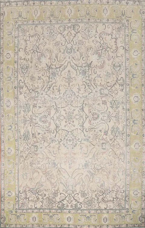Distressed Wool Floral Tabriz Persian Large Rug 10x13