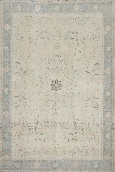 Distressed Wool Floral Tabriz Persian Area Rug 10x13