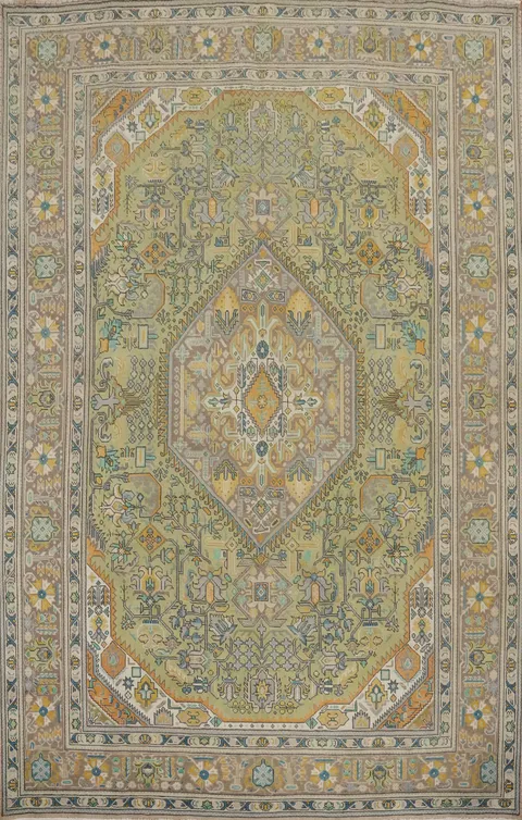 Green Geometric Wool Tabriz Persian Area Rug 8x11