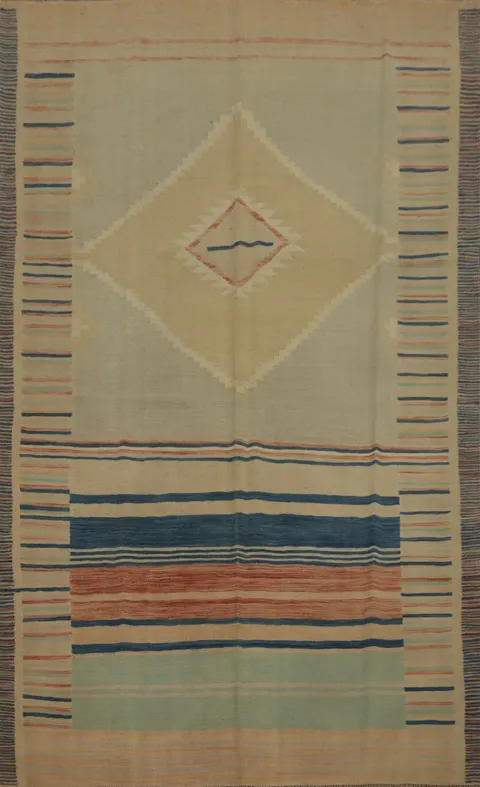 Artisan Kilim Area Rug 7x10 with Bold Stripes and Diamond Center