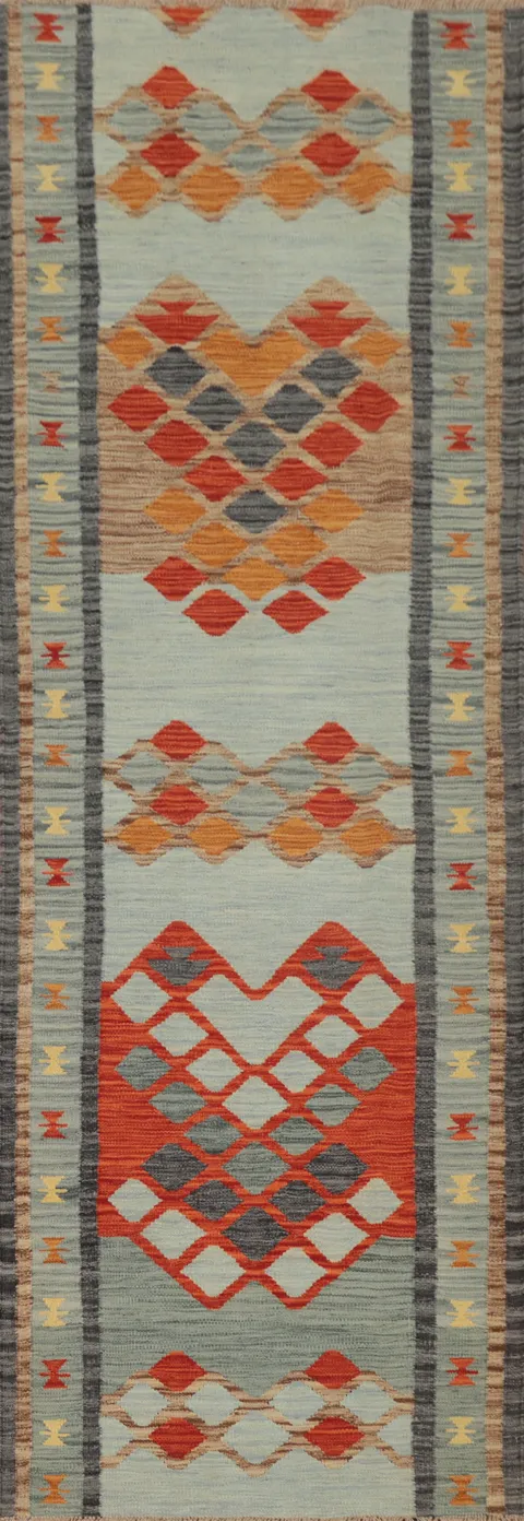 Geometric Wool Kilim Vegetable Dye Runner Rug 3x10