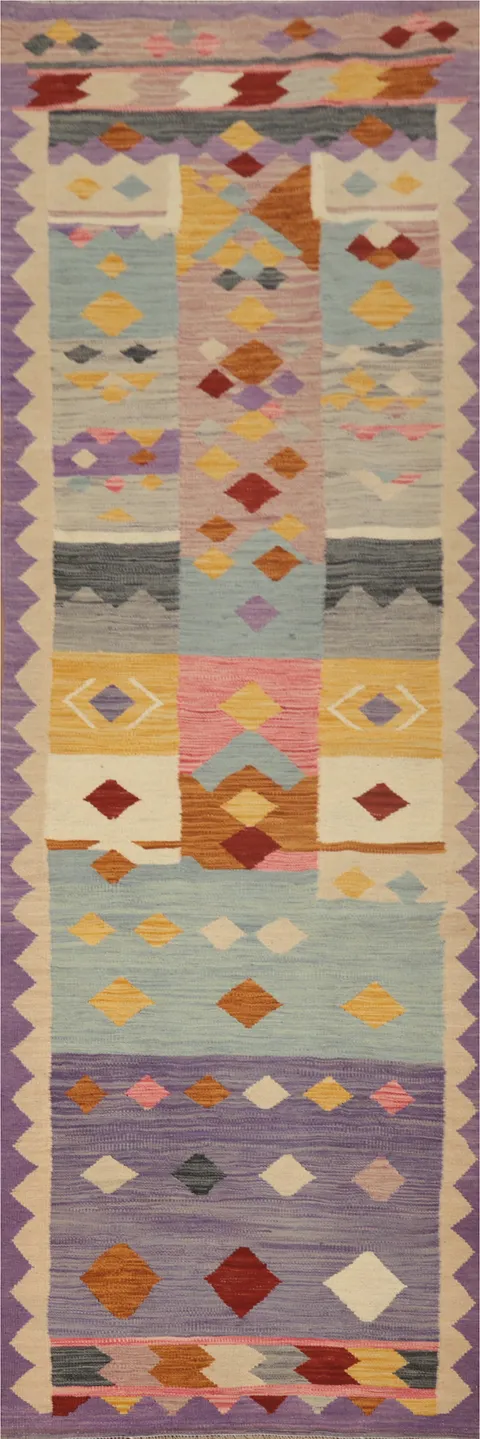 Vegetable Dye Wool Kilim Handwoven Runner Rug 3x10