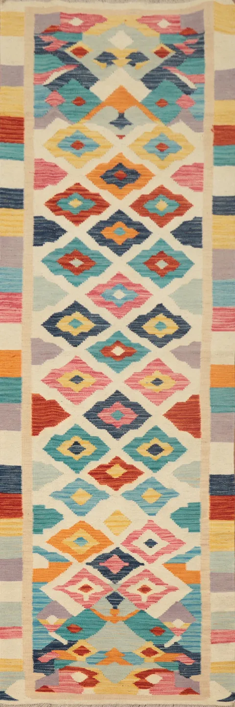 Geometric Wool Kilim Vegetable Dye Runner Rug 3x10