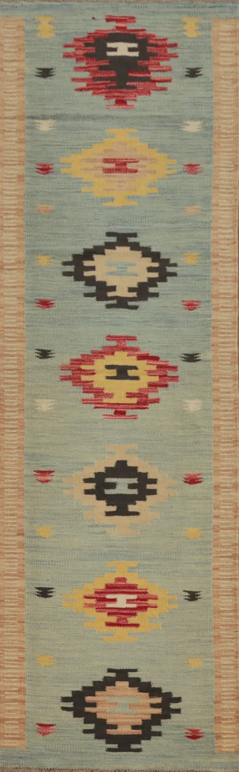 Blue Geometric Kilim Flat Weave Runner Rug 2x8
