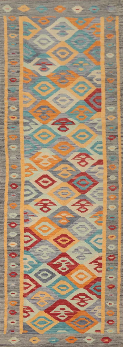 Vegetable Dye Wool Kilim Handwoven Runner Rug 3x9