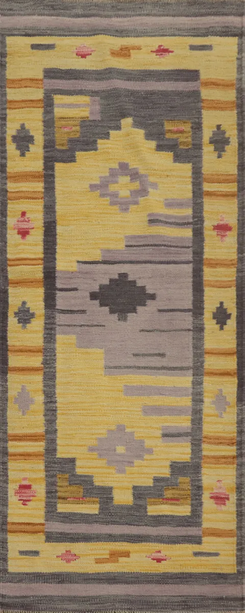 Geometric Wool Kilim Vegetable Dye Runner Rug 2x6