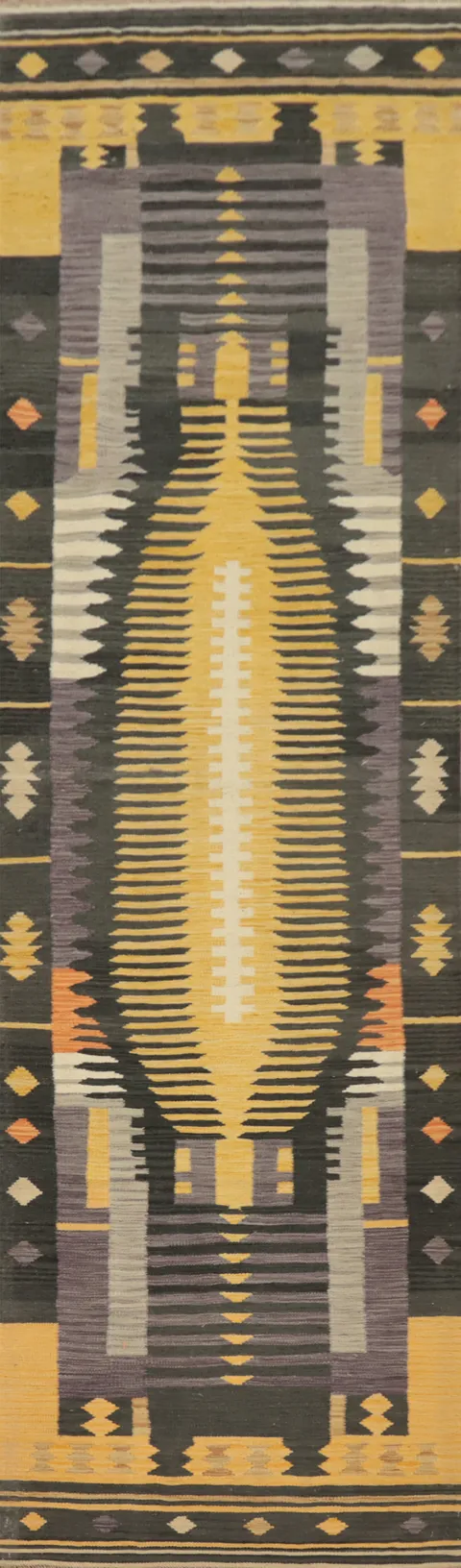 Artistic Kilim Runner 3x12 with Bold Symmetrical Patterns