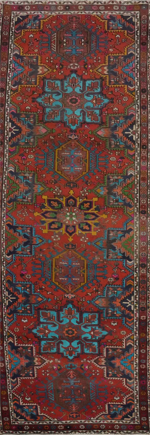 Geometric Wool Heriz Persian Runner Rug 3x11