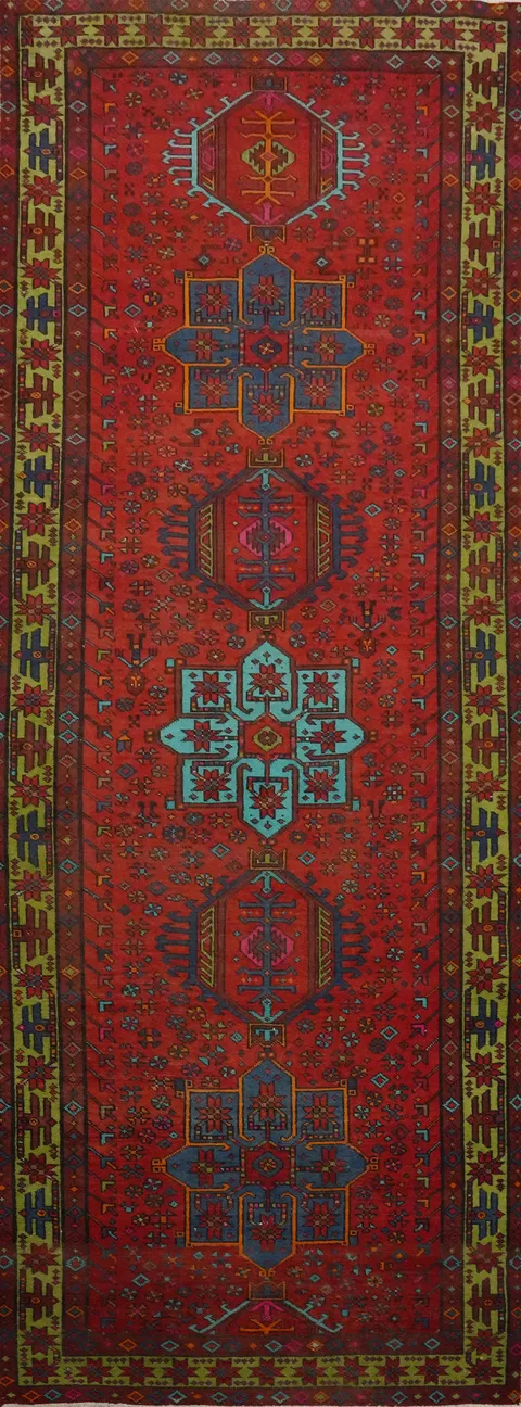 Red Wool Vintage Heriz Persian Runner Rug 4x11