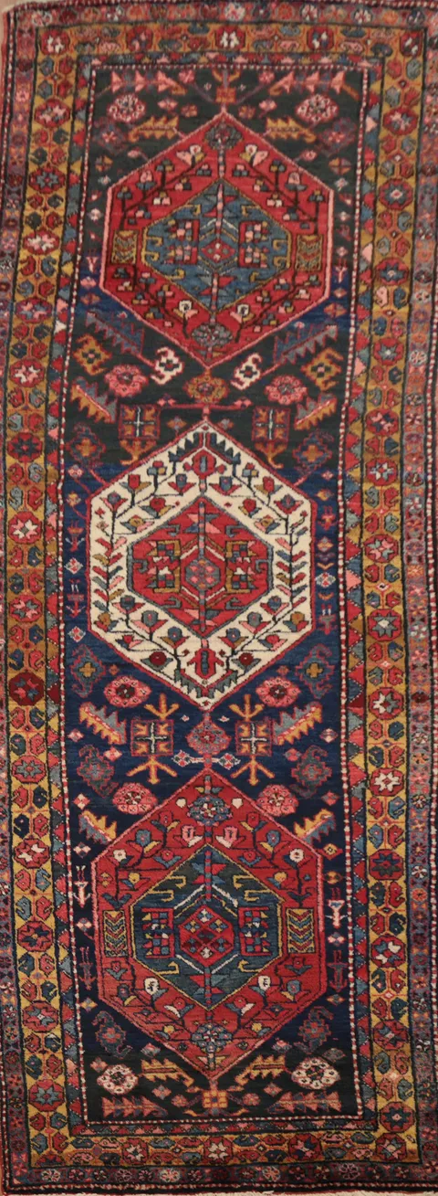 Blue Geometric Ardebil Persian Runner Rug 4x11