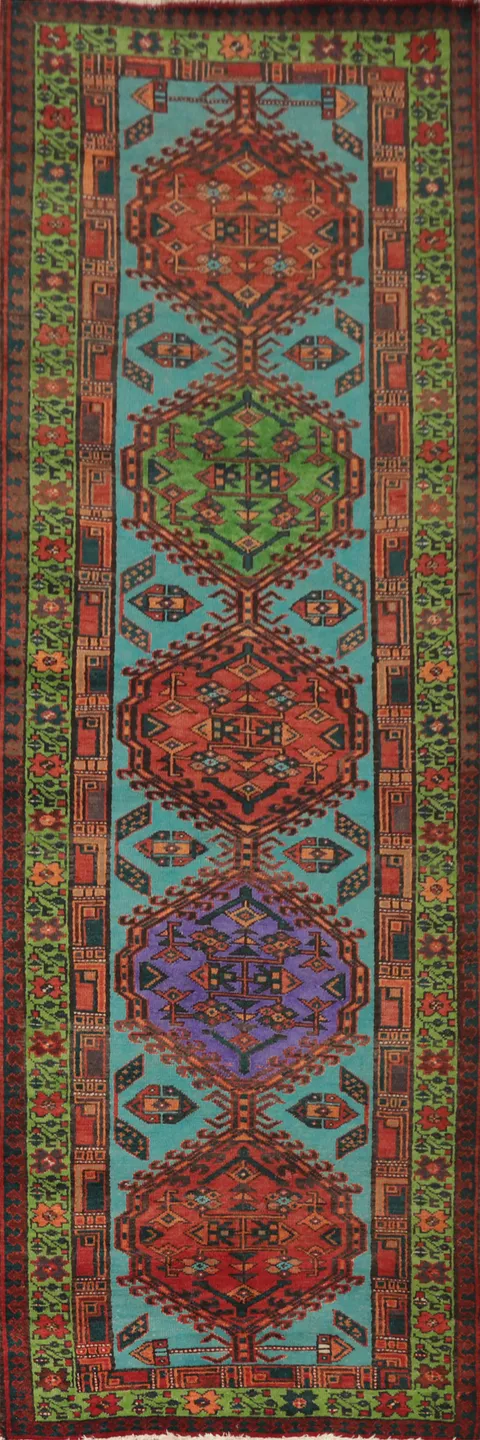 Blue Geometric Ardebil Persian Runner Rug 3x11