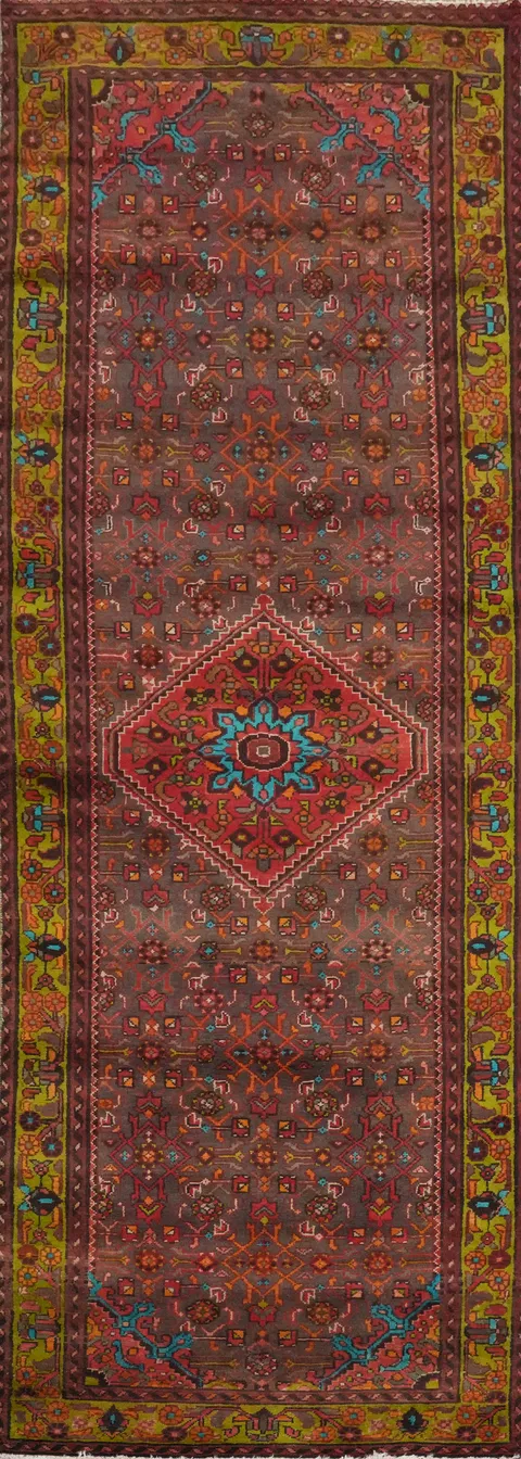 Vintage Geometric Hamedan Persian Runner Rug 4x11