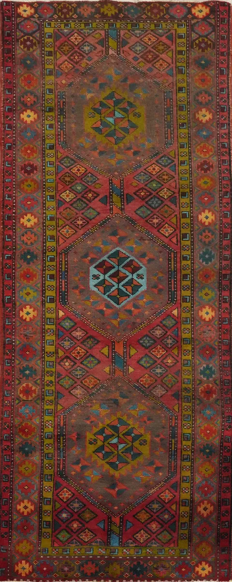 Vintage Geometric Ardebil Persian Runner Rug 4x10