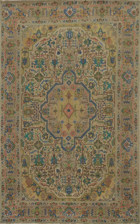 Vintage Geometric Tabriz Persian Area Rug 7x10