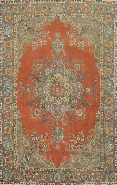 Orange Wool Medallion Tabriz Persian Area Rug 7x10