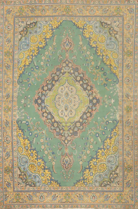 Vintage Green Floral Tabriz Persian Area Rug 10x13