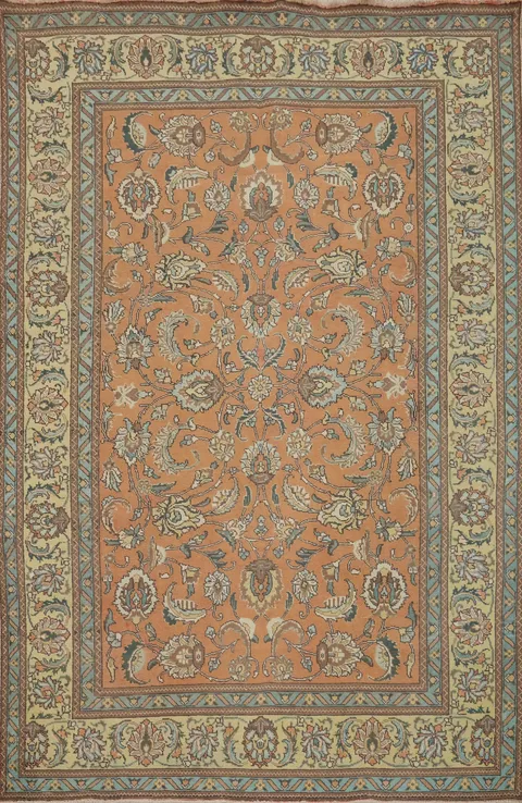 Orange Wool Floral Tabriz Persian Area Rug 7x10