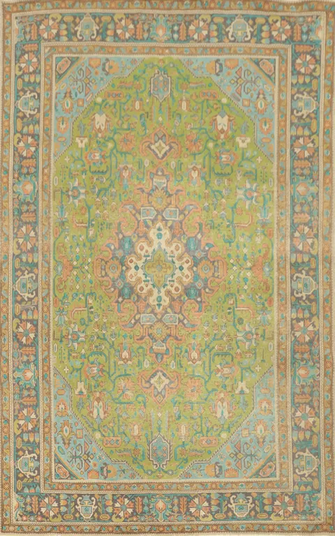 Light Green Handmade Tabriz Persian Area Rug 7x9