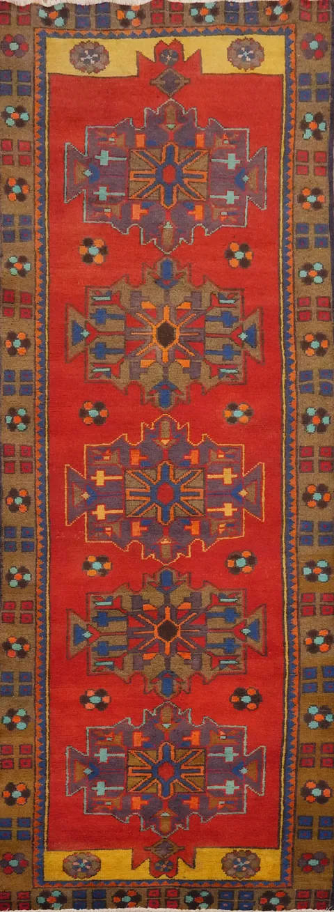 Geometric Wool Heriz Persian Runner Rug 3x10