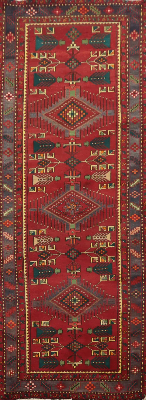 Geometric Wool Red Heriz Persian Runner Rug 4x10