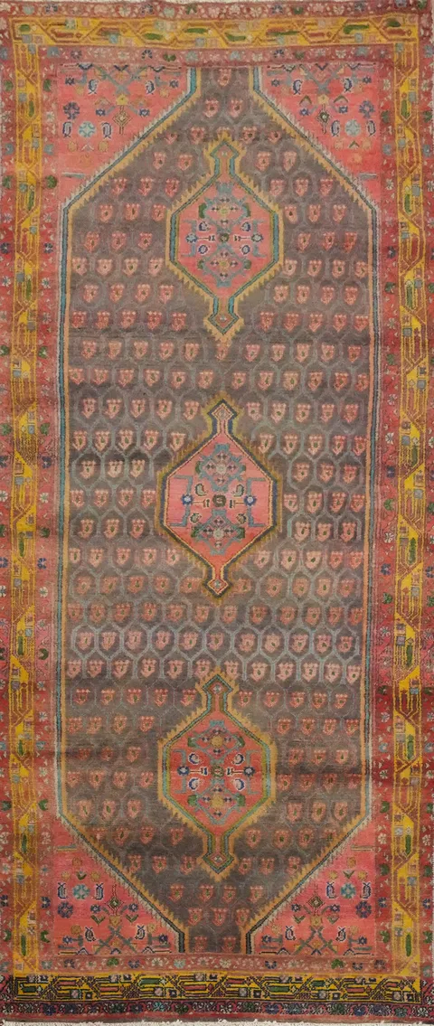 Vintage Geometric Hamedan Persian Runner Rug 4x9