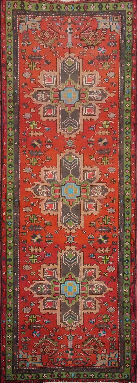 Geometric Wool Heriz Persian Runner Rug 3x10