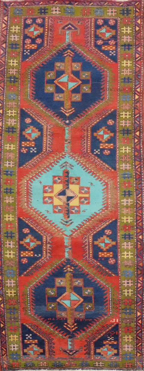 Vintage Geometric Heriz Persian Runner Rug 4x10