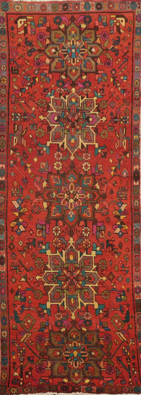 Vintage Vibrant Red Handmade Wool Tabriz Persian Runner Rug 3x9