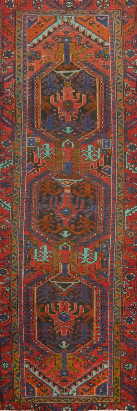 Vintage Geometric Heriz Persian Runner Rug 3x10